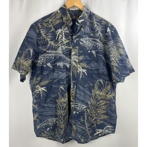 Vintage‎ CAFE LUNA  SZ Medium 38/40 FISH HAWAIIAN PRINT CASUAL SHIRT Blue